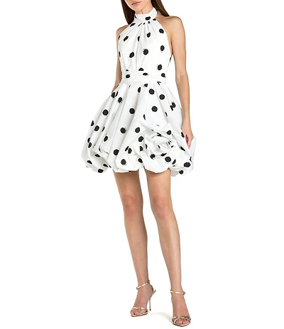 Mac Duggal Satin Halter Neck Sleeveless Bubble Hem Mini Dress