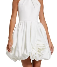 Mac Duggal Satin Mock Neck Sleeveless Ruched Rosette Bubble Hem Mini Dress