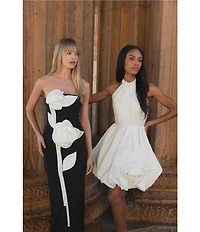 Mac Duggal Satin Mock Neck Sleeveless Ruched Rosette Bubble Hem Mini Dress