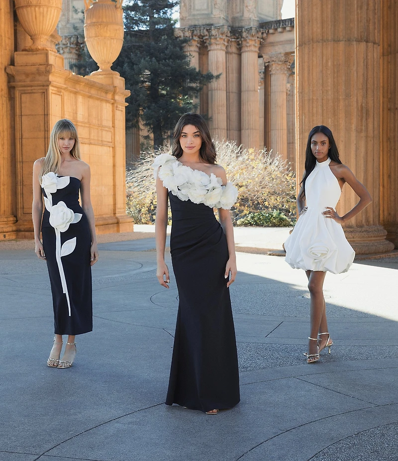 Mac Duggal Satin Mock Neck Sleeveless Ruched Rosette Bubble Hem Mini Dress