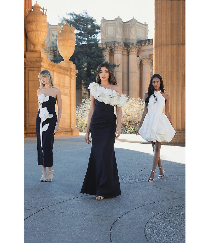 Mac Duggal Satin Mock Neck Sleeveless Ruched Rosette Bubble Hem Mini Dress