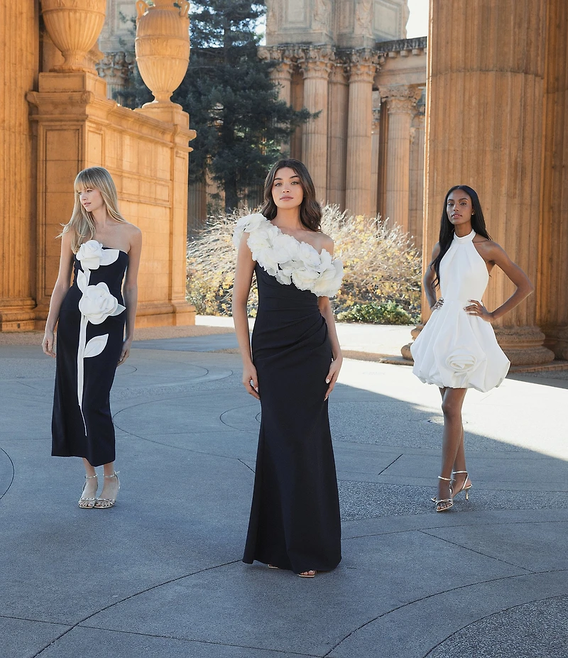 Mac Duggal Satin Mock Neck Sleeveless Ruched Rosette Bubble Hem Mini Dress