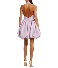 Mac Duggal Satin Mock Neck Sleeveless Ruched Rosette Bubble Hem Mini Dress