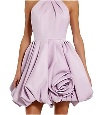 Mac Duggal Satin Mock Neck Sleeveless Ruched Rosette Bubble Hem Mini Dress