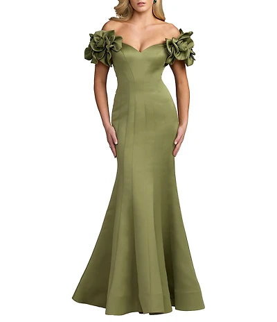 Mac Duggal Satin Off-The-Shoulder Floral Detail Trumpet Gown