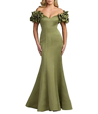 Mac Duggal Satin Off-The-Shoulder Floral Detail Trumpet Gown