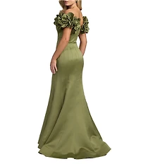 Mac Duggal Satin Off-The-Shoulder Floral Detail Trumpet Gown