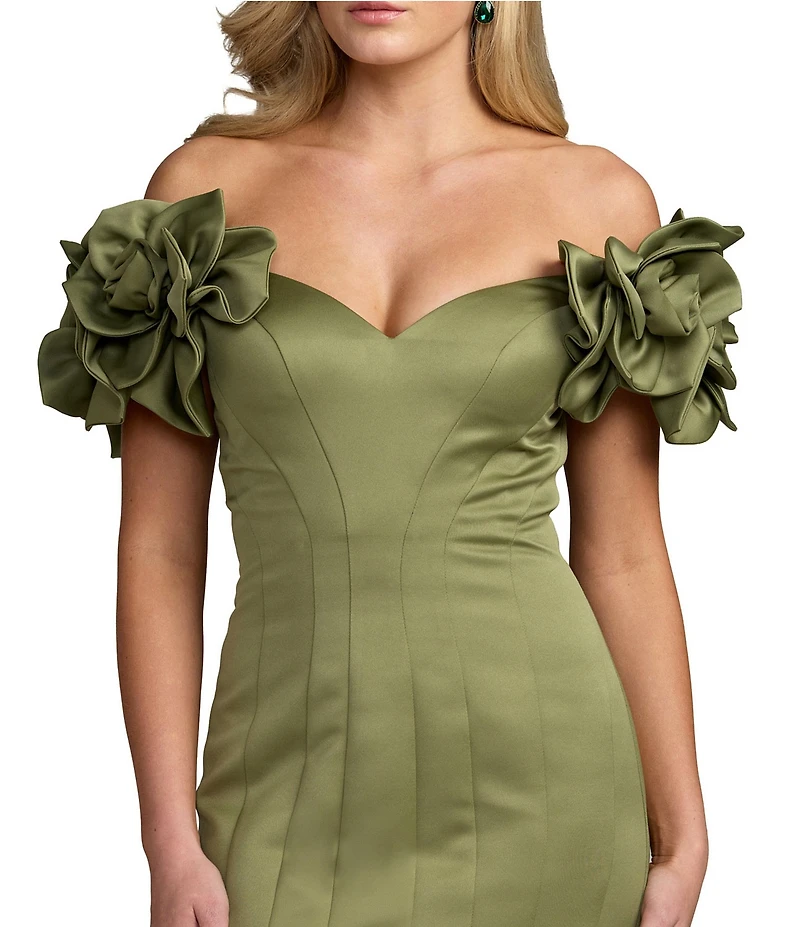 Mac Duggal Satin Off-The-Shoulder Floral Detail Trumpet Gown