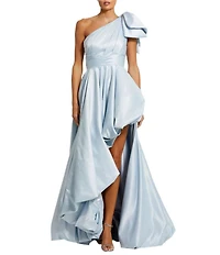 Mac Duggal Satin One Shoulder Neck Sleeveless Bow Detail High Slit Gown