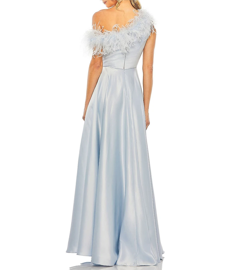 Mac Duggal Satin One Shoulder Sleeveless Feather Trim Gown