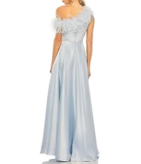 Mac Duggal Satin One Shoulder Sleeveless Feather Trim Gown
