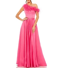 Mac Duggal Satin One Shoulder Sleeveless Feather Trim Long Gown