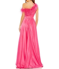 Mac Duggal Satin One Shoulder Sleeveless Feather Trim Long Gown