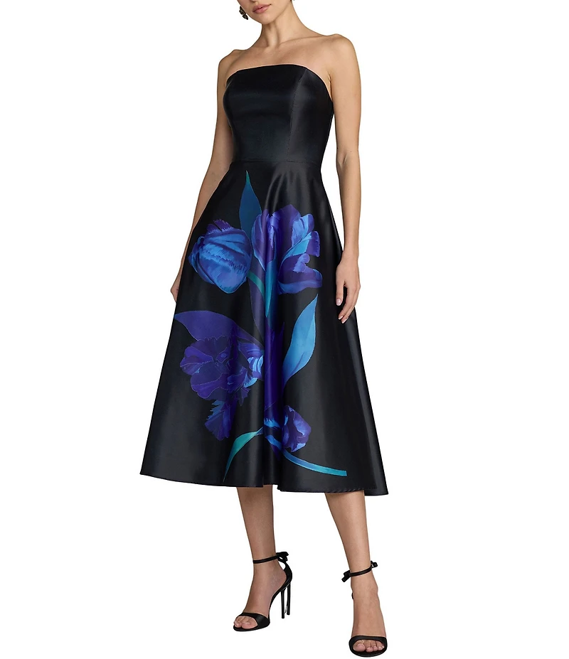 Mac Duggal Satin Placement Floral Print Strapless Neck Sleeveless A-Line Midi Dress