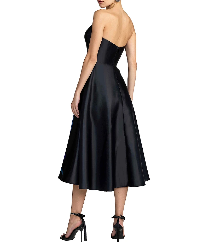 Mac Duggal Satin Placement Floral Print Strapless Neck Sleeveless A-Line Midi Dress