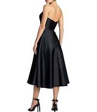 Mac Duggal Satin Placement Floral Print Strapless Neck Sleeveless A-Line Midi Dress
