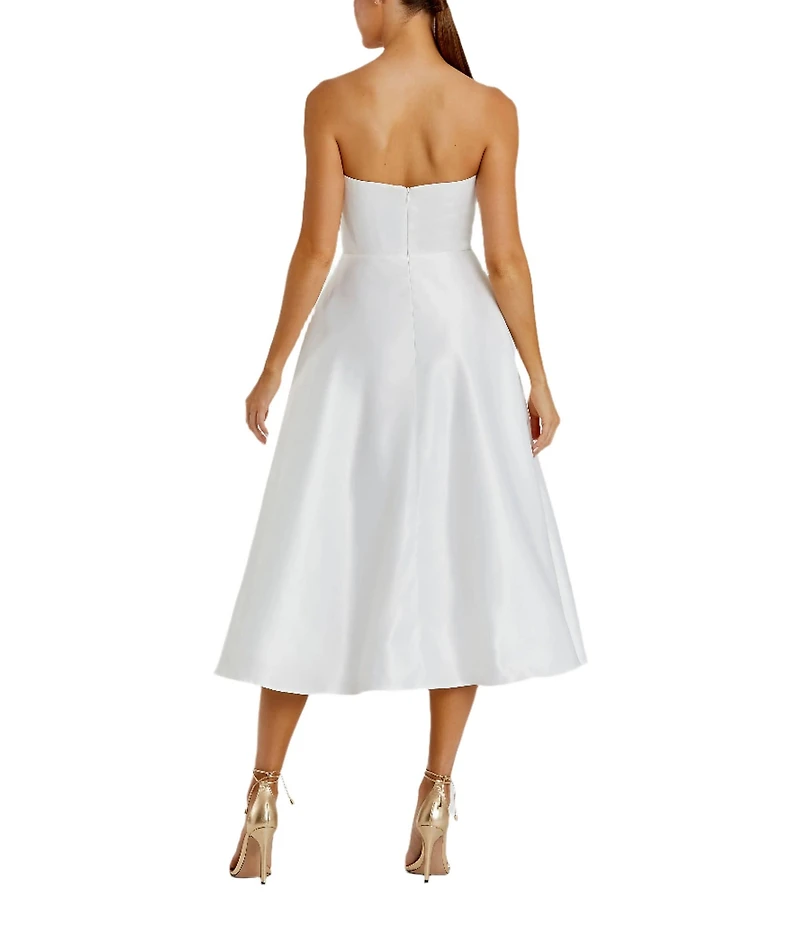 Mac Duggal Satin Placement Floral Print Strapless Neck Sleeveless A-Line Midi Dress