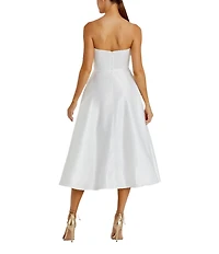 Mac Duggal Satin Placement Floral Print Strapless Neck Sleeveless A-Line Midi Dress