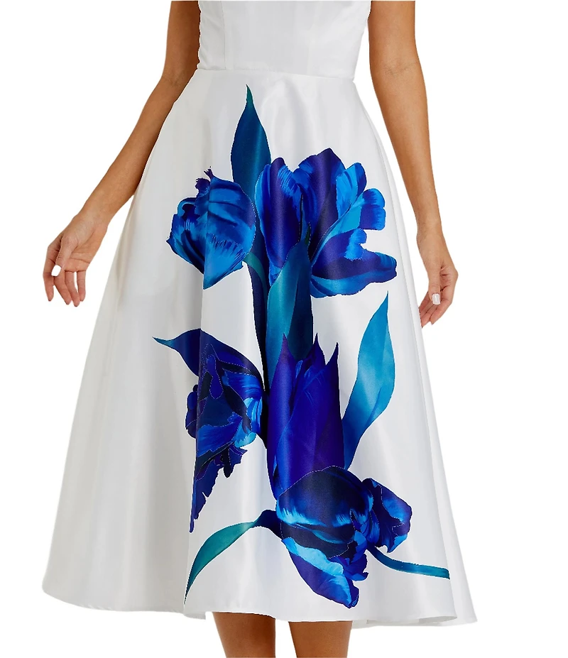 Mac Duggal Satin Placement Floral Print Strapless Neck Sleeveless A-Line Midi Dress