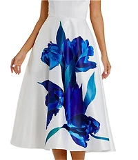 Mac Duggal Satin Placement Floral Print Strapless Neck Sleeveless A-Line Midi Dress