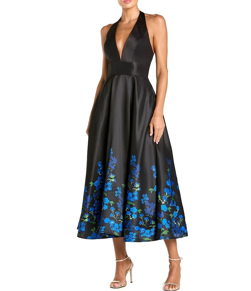 Mac Duggal Satin Printed V Neck A Line Midi Dress