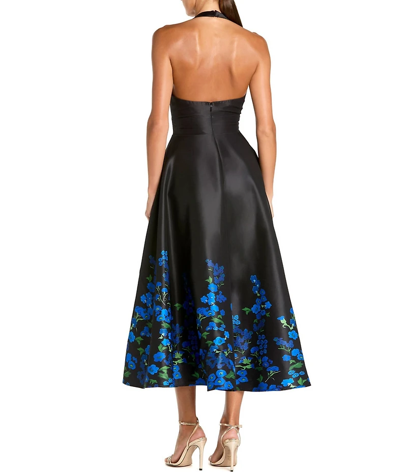 Mac Duggal Satin Printed V Neck A Line Midi Dress