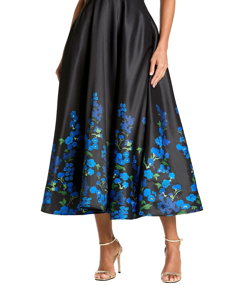 Mac Duggal Satin Printed V Neck A Line Midi Dress