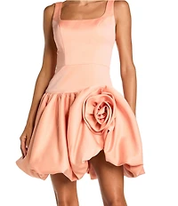 Mac Duggal Satin Sleeveless 3D Floral Detail Bubble Hem Dress