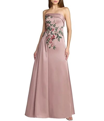 Mac Duggal Satin Strapless Beaded Floral Gown