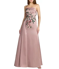 Mac Duggal Satin Strapless Beaded Floral Gown