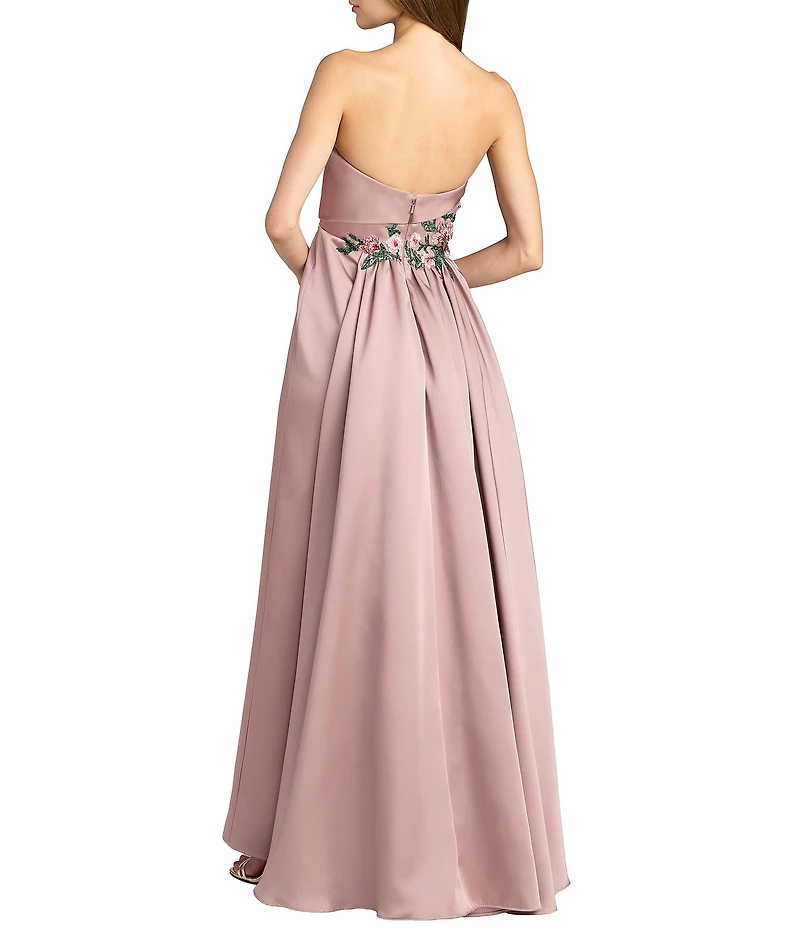 Mac Duggal Satin Strapless Beaded Floral Gown