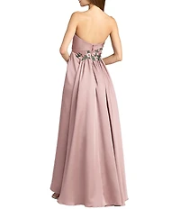 Mac Duggal Satin Strapless Beaded Floral Gown