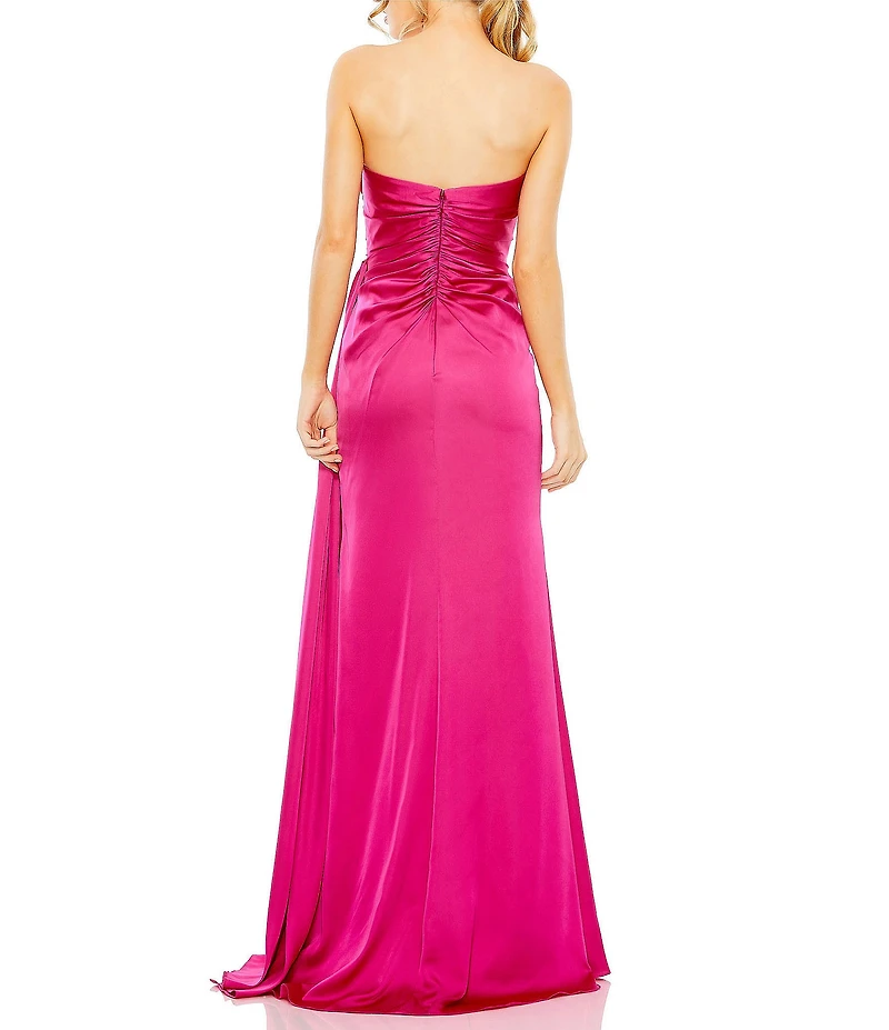 Mac Duggal Satin Strapless Ruched Bodice Beaded Neck Gown