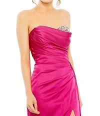 Mac Duggal Satin Strapless Ruched Bodice Beaded Neck Gown