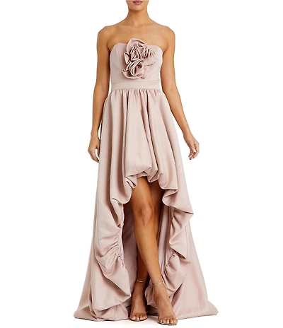 Mac Duggal Satin Strapless Bubble High Low Rose Appliques Long Gown
