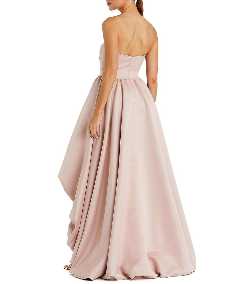 Mac Duggal Satin Strapless Bubble High Low Rose Appliques Long Gown