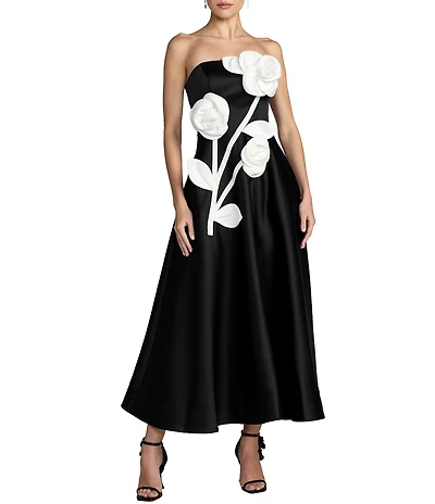 Mac Duggal Satin Strapless Floral Midi Dress With Applique