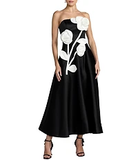 Mac Duggal Satin Strapless Floral Midi Dress With Applique