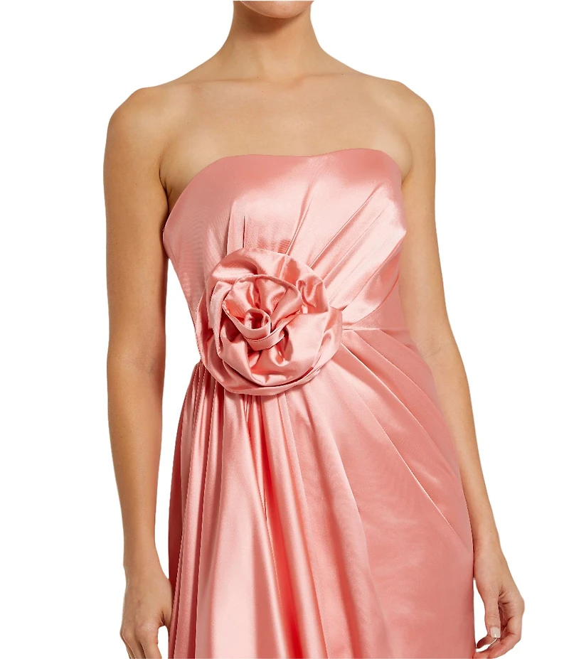 Mac Duggal Satin Strapless Neck Sleeveless Rosette A-Line Gown