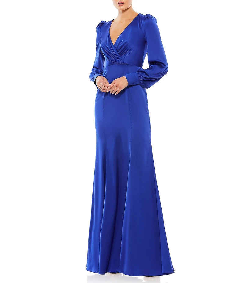 Mac Duggal Satin Surplice V-Neck Long Bishop Sleeve Ruched A-Line Gown