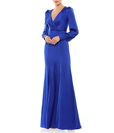 Mac Duggal Satin Surplice V-Neck Long Bishop Sleeve Ruched A-Line Gown