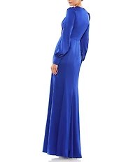 Mac Duggal Satin Surplice V-Neck Long Bishop Sleeve Ruched A-Line Gown