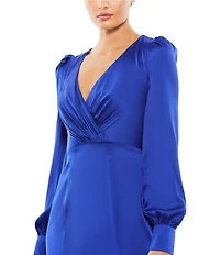 Mac Duggal Satin Surplice V-Neck Long Bishop Sleeve Ruched A-Line Gown