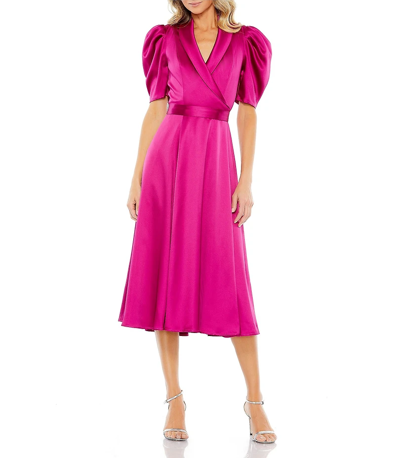 Mac Duggal Satin Surplice V-Neck Short Puffed Sleeve A-Line Midi Dress