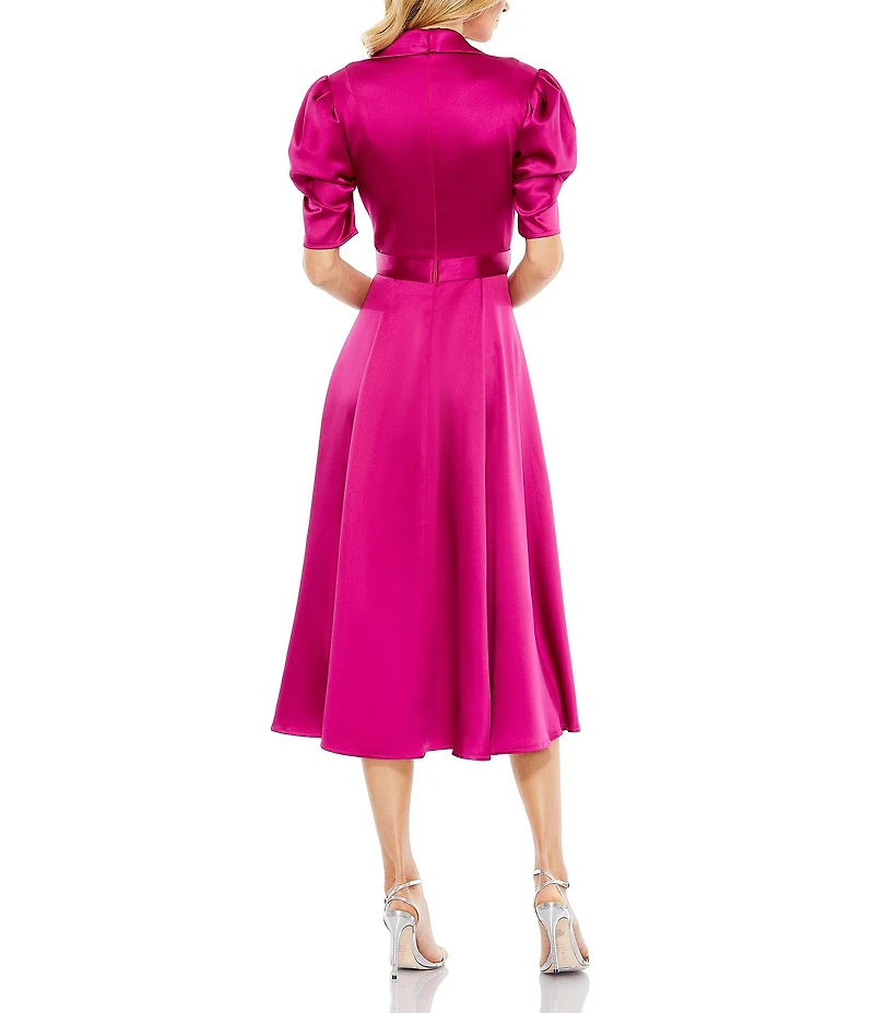 Mac Duggal Satin Surplice V-Neck Short Puffed Sleeve A-Line Midi Dress