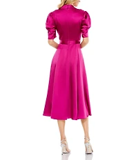 Mac Duggal Satin Surplice V-Neck Short Puffed Sleeve A-Line Midi Dress