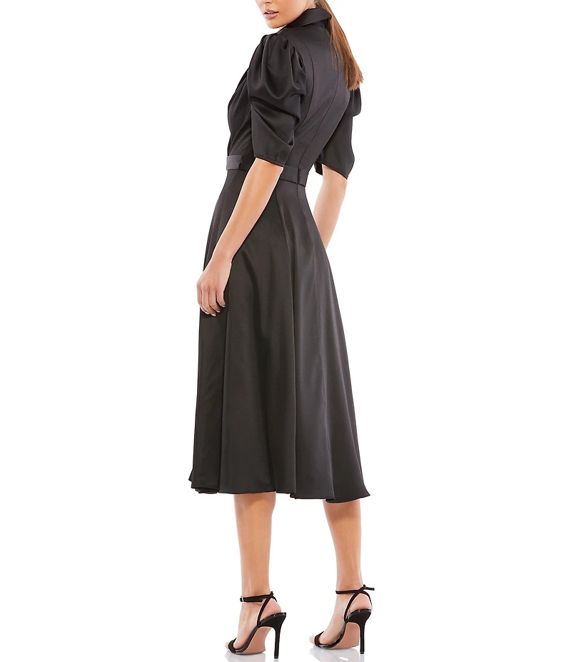 Mac Duggal Satin Surplice V-Neck Short Puffed Sleeve A-Line Midi Dress