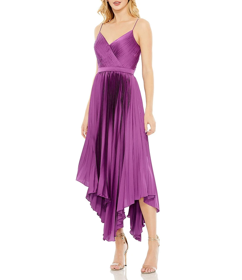 Mac Duggal Satin Surplice V-Neck Sleeveless Flowy Pleated Midi Dress