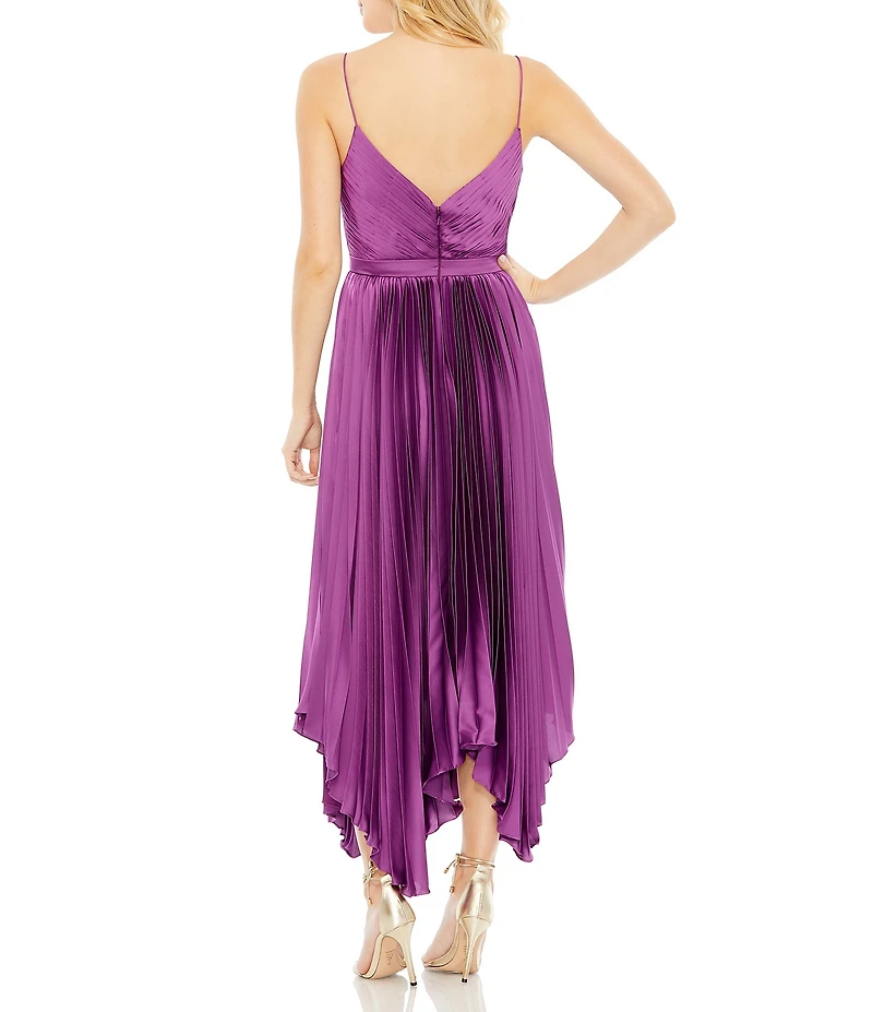 Mac Duggal Satin Surplice V-Neck Sleeveless Flowy Pleated Midi Dress