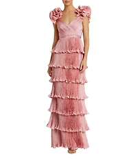 Mac Duggal Satin Sweetheart Neck Ruffle Cap Sleeve Tiered Pleated Fit and Flare Gown